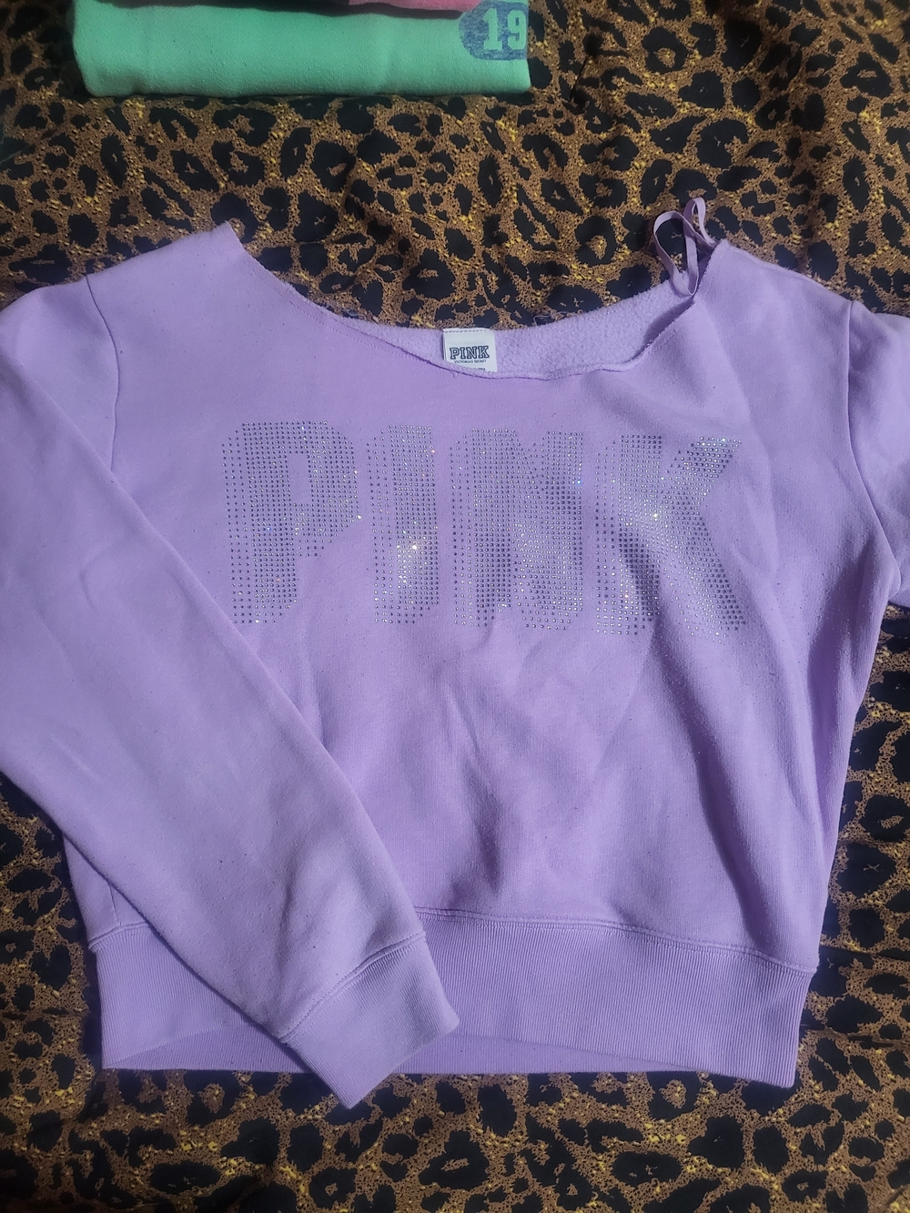 PINK Victoria's Secret Lavender Rhinestone Off- The Shoulder Crop-top Sweatshirt